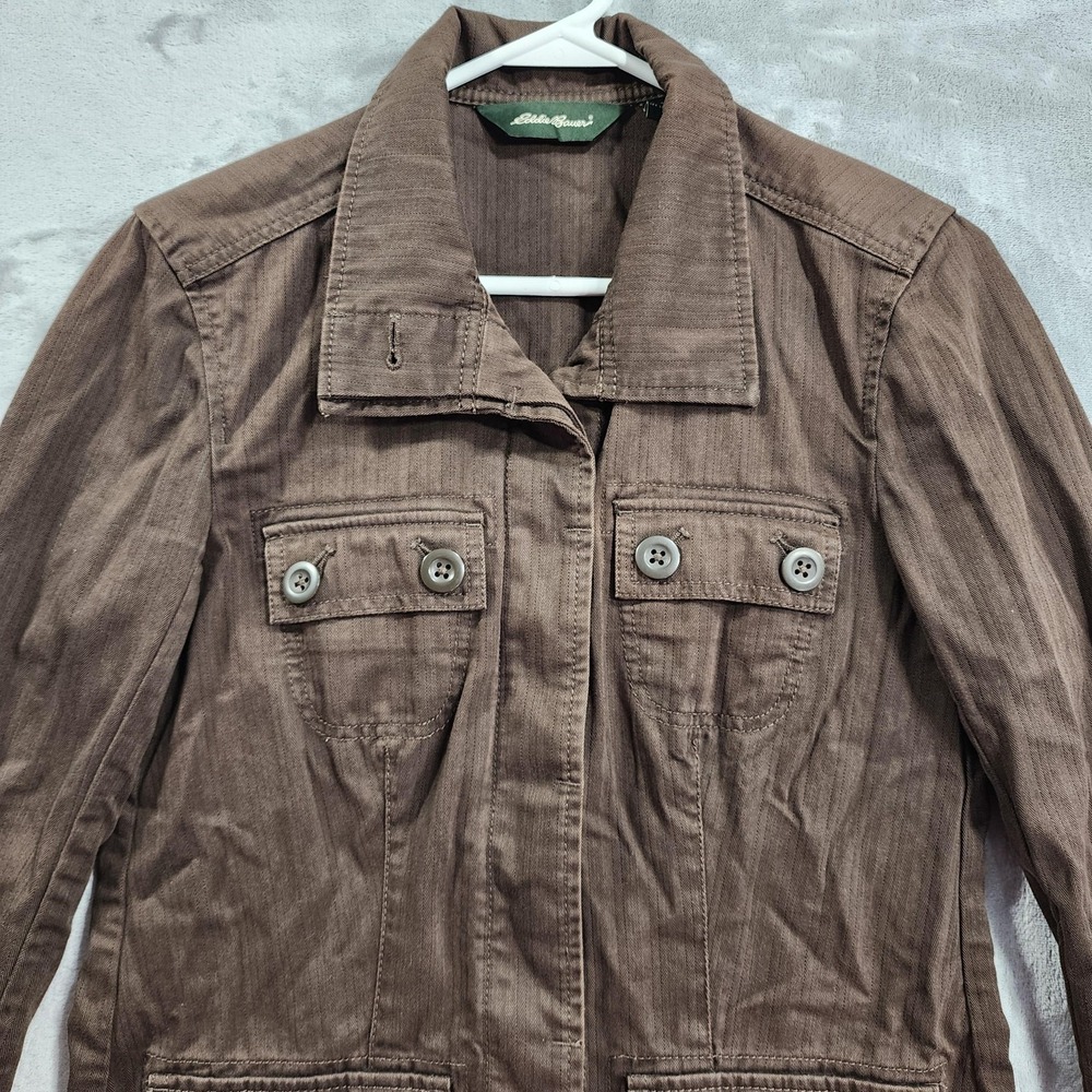 Vintage Eddie Bauer Jacket Womens XS Brown Herringbone Cotton Utility Military - Picture 3 of 13